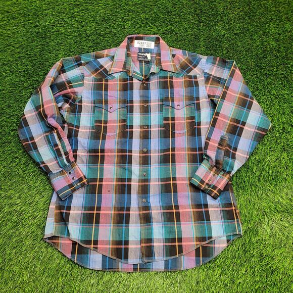 Vintage 80s Wrangler Western Snap Shirt L 16.5 23x31 Baggy USA - Picture 1 of 13